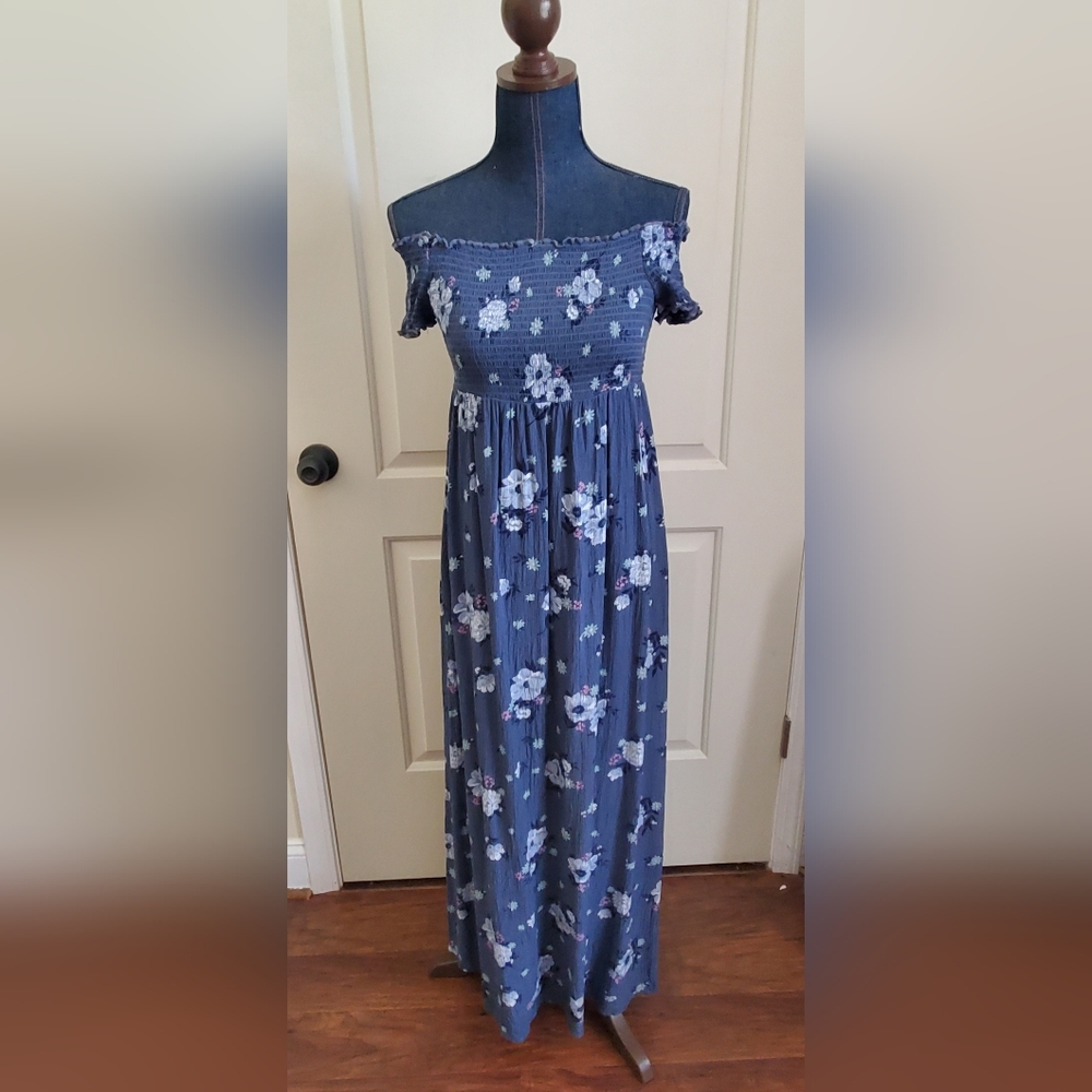 Navy blue off shoulder floral maxi